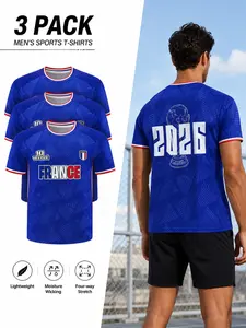3 Pack Men's France Inspired Soccer Jersey, Moisture Wicking Breathable Quick Dry Football Shirt, Lightweight 4-Way Stretch Sports T-Shirt for Training, Casual Wear and Fan Events, Athletic Workout Tops