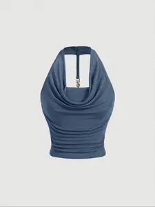 Summer Sexy Backless Metal Chain Tie Neck Halter Top, Metallic Fashionable Women's Casual Wear, Stylish Sleeveless Blouse for Daily, Womenswear