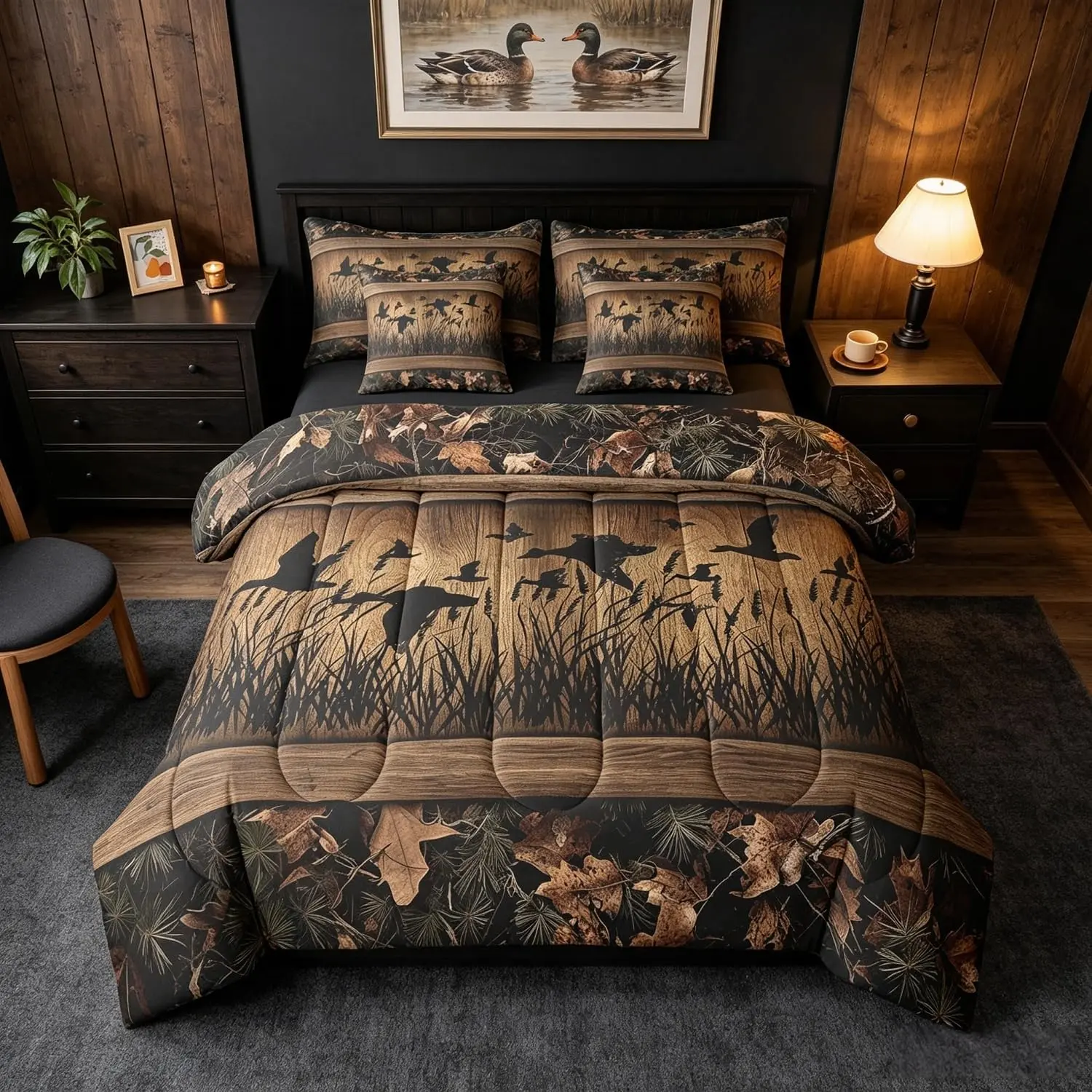 Feelyou 7-Piece Soft Bedding Set - Queen Microfiber Camo Print Mallard Duck Comforter, Rustic Farmhouse Cabin Decor, Country Wood Board Animal Character Bedding Collections, Soft Bedding Sets