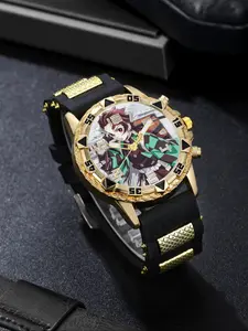 Ghost Slayer Trendy Gold Sporty Watch, Student Analog Quartz Watch, Perfect Gift for Daily Parties, Back-To-School, Anime Cosplay