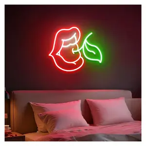 Sign Illuminated Lip And Cherry Neon Sign, Cherry Neon Lights For Studio Bedroom Wall Decor Night Light 33cmx38cm