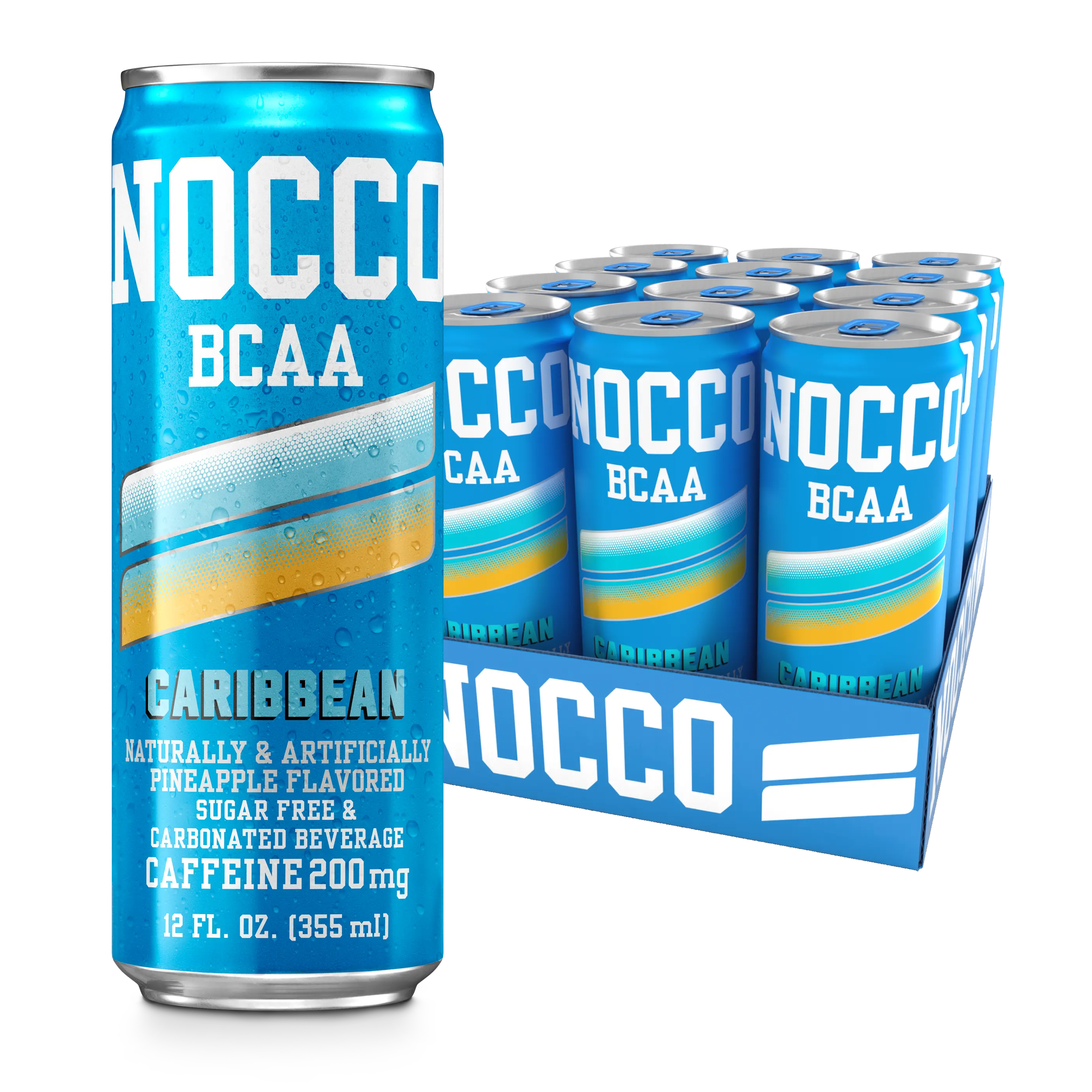 NOCCO Zero Sugar Energy Drink, Caribbean - 12 Fl Oz (Pack of 12) - 200mg Caffeine, Sugar Free with BCAAs - Branched Chain Amino Acids, Carbonated & Low Cal, B Vitamins, Grab & Go Performance Beverage