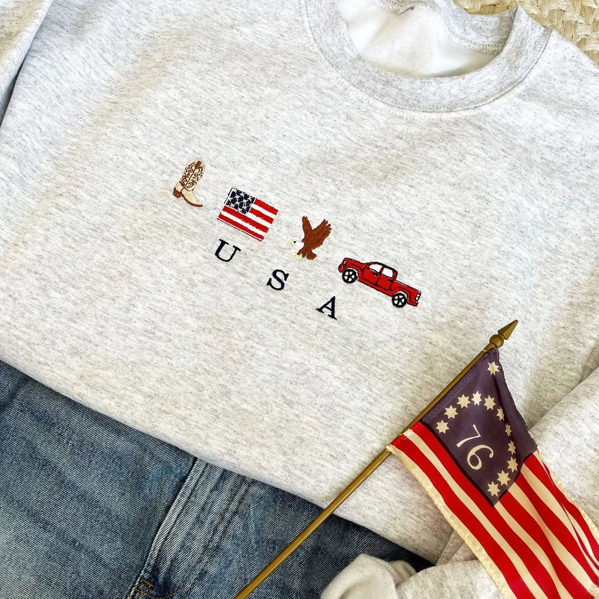 USA Embroidered Icons Crewneck Sweater/Hoodie/T-shirt, America Sweatshirt, 4th of July crewneck | Country, Western, Cowboy Sweatshirt