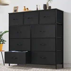 Black 9-drawer dresser, wooden top, steel frame, suitable for bedroom, hallway, living room, wardrobe and dormitory furniture cabinet. Multifunctional storage cabinet, drawer dresser
