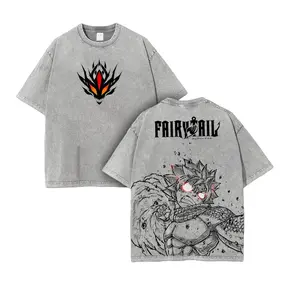 Natsu Dragneel Fairy Tail Anime Vintage Washed Oversized Tee, Double Printed Heavyweight Cotton T-Shirt, Retro Unisex Streetwear Top for Anime Fans and Lovers