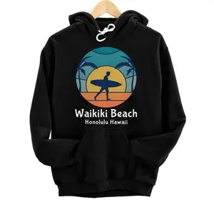 Personalized Waikiki Beach Honolulu Hawaii Surfing Surfer Vintage Sunset Pullover Hoodie