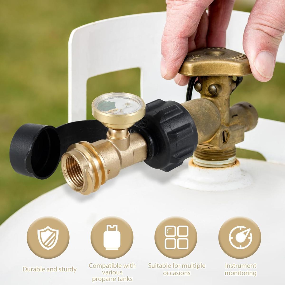 Propane Tank Gauge Level Indicator with Leak Detector, Glow-in-the-Dark Dial, Solid Brass Type 1/QCC1 Adapter for 5–20 lb Cylinders, BBQ Grill, RV, Camper, Heater & Camp Stove
