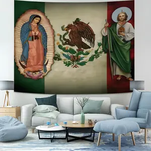 1Pcs Mexican Flag & Religious Saints Printed Tapestry, Home Decor, Cultural & Spiritual Design Wall Hanging Featuring Our Lady of Guadalupe & Saint Jude, Durable Tapestries for Living Room, Faith Enthusiasts, Durable Decorative Tapestry