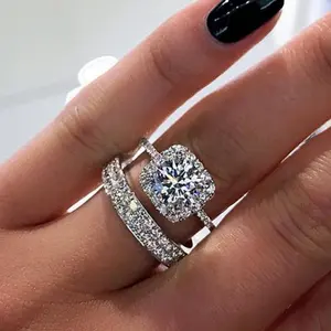 2 Pcs High Luxury Jewelry Fashion Couple Ring Shiny Full  Princess Round Cut Cubic Zirconia Rings Engagement Wedding Band Set