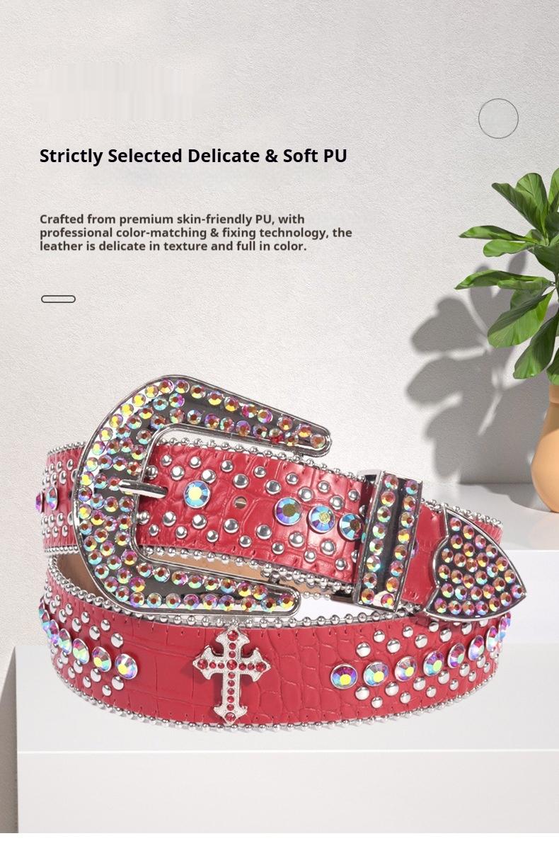 Unisex Crocodile Pattern Belt with Rhinestone Decorative Buckle Cross Pendant New Street Fashion Denim Belt Adjustable for Most Waist Sizes