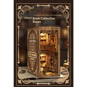 DIY Book Nook Kit with LED Lights, 3D Wooden Miniature Ancient Library Bookshelf Insert Decor, Handmade Bookend Model, Gift for Adults & Book Lovers