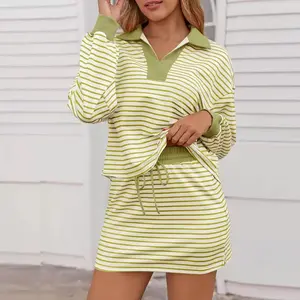 Women's Fashion Casual Striped Knit Top & Drawstring Waist Skirt Set, Loose Fit Home Wear, Comfortable Two-Piece