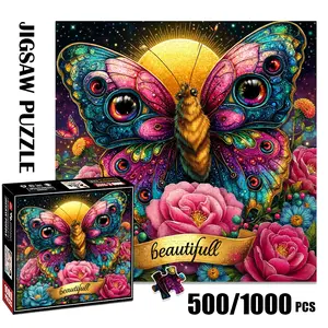 1pc 1000 piece adult puzzle 58x58cm Colorful Butterfly with Eye - like Patterns, Flowers and Sun500 pieces of paper puzzle, suitable for adults and families, large-scale DIY puzzle interactive toy