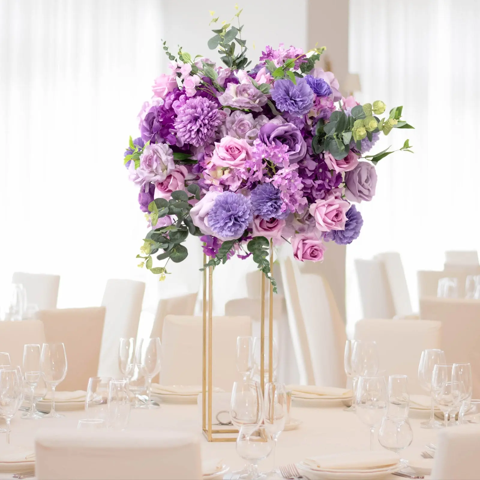 Pre-Arranged Silk Floral Centerpiece in Lavender Lilac, 22" Artificial Rose, Hydrangea & Chrysanthemum Flower Ball Bouquet for Event, Wedding