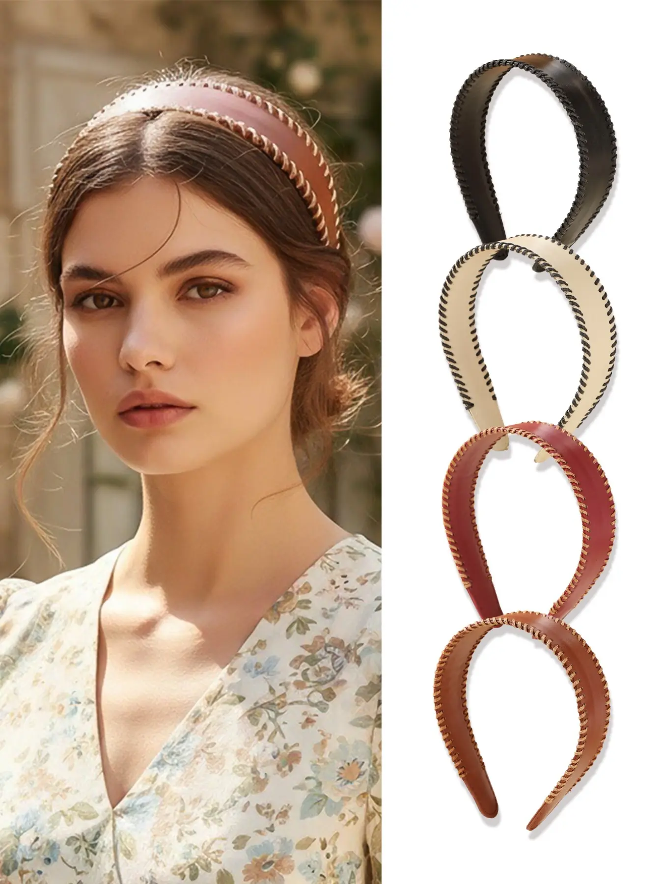 Women's Vintage Hong Kong Style Leather Hairband, Wide Band High Crown Hairstyle Decoration, Simple Stitched Design, Pure Color