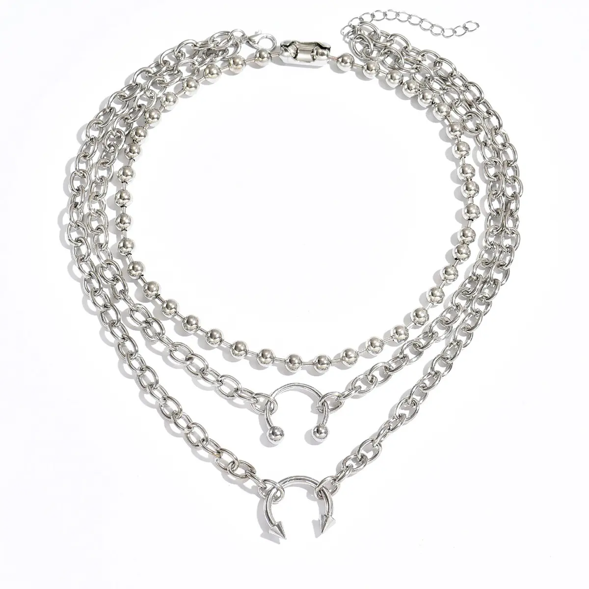 Multi-Layered Silver Horseshoe Spike Necklace - Zinc Alloy Punk Gothic Costume Jewelry with Metal Coating for Cold Wind Protection