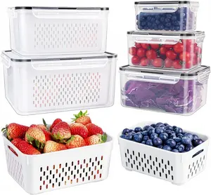 5 PCS Large Produce Storage Containers for Fridge – Leakproof Fruit & Vegetable Containers with Removable Colander, Dishwasher & Microwave Safe Food Storage Set for Berries, Lettuce, Meat & Meal Prep, Keeps Produce Fresh Longer