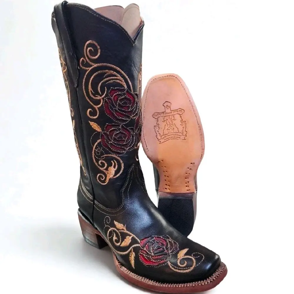 Tanner Mark Black Red Roses Cowgirl Boot