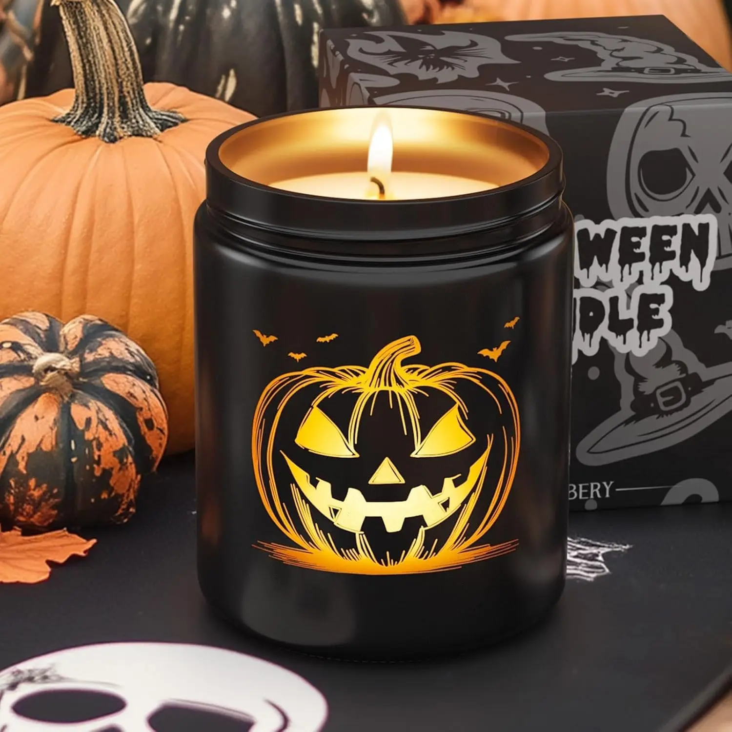 Halloween Candle,Halloween Gifts Candles with LED Pumpkin Face | Fall Candles with Pumpkin Spice Scent Over 40 Hours of Burn Time, Gift for Home Fall Decorations Indoor, 100% Soy Wax