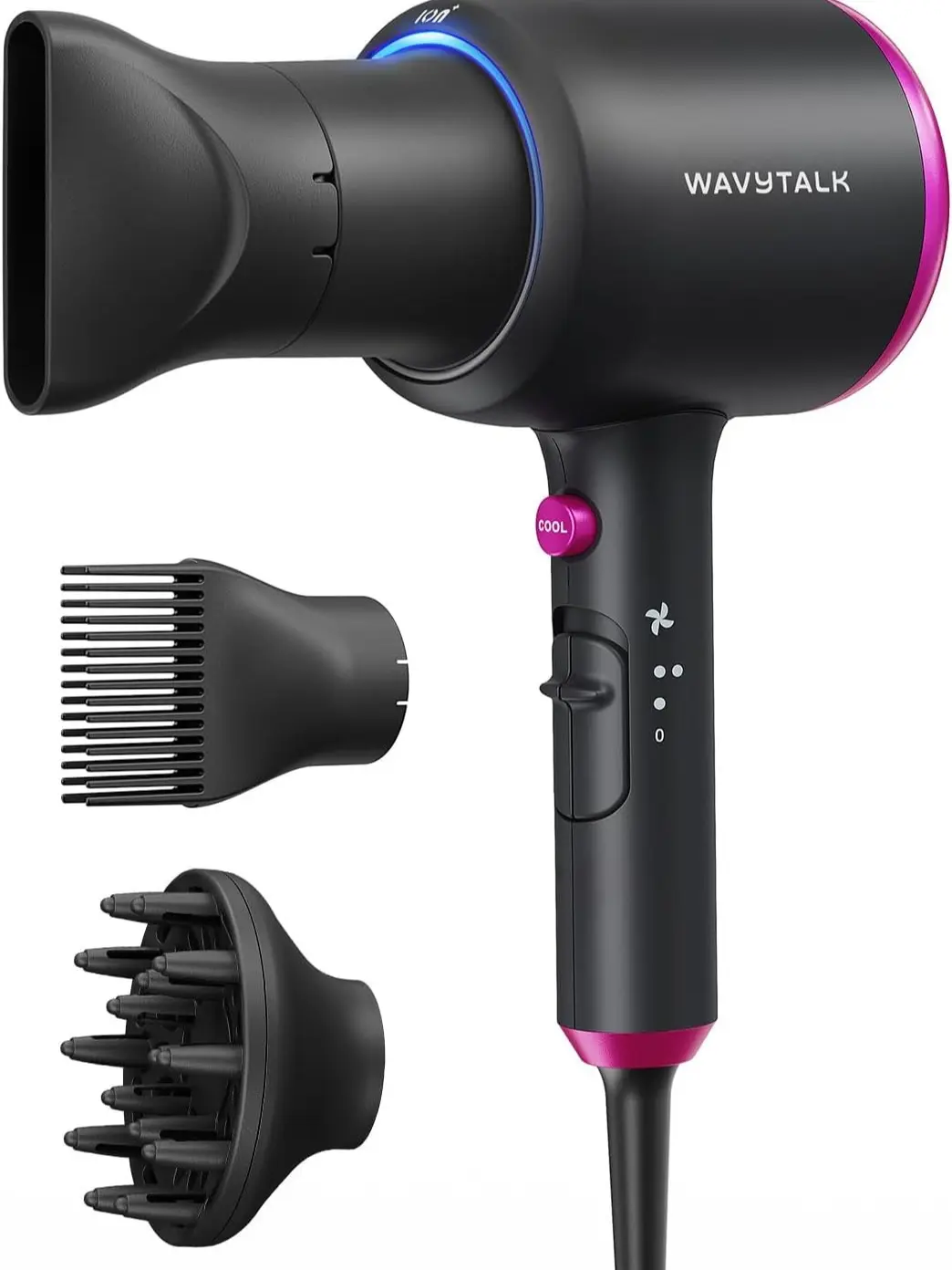 Wavytalk Blown Away Ionic Hair Dryer with Diffuser for Curly Hair | 1875W Fast Drying, 3 Attachments for All Hair Types, Ceramic Healthy Shine, Lightweight & Quiet (Black)