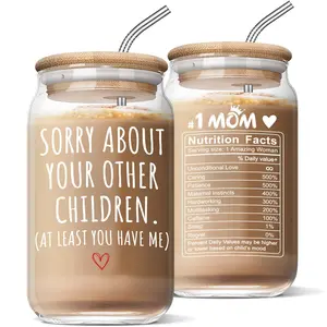 16oz Reusable Round Glass Tumbler with Lid and Straw, Funny Kitchenware Drinkware for Women Moms, Birthday Christmas Gift from Daughters, Iced Coffee Cup, Tumblers,summervibes
