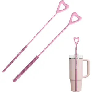 Silicone Straw Cleaner Brush, 2Pcs Reusable Cleaner Brush Extra Long, Straw Brush Bristles Cleaner for Cleaning Stanley Metal Glass Straws Drink Lid 0.24 Inch and 0.35 Inch