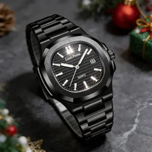Louis Poems Nautilus Pure Black High-End Luxury Business Watch, Stylish Men's Waterproof Quartz Watch