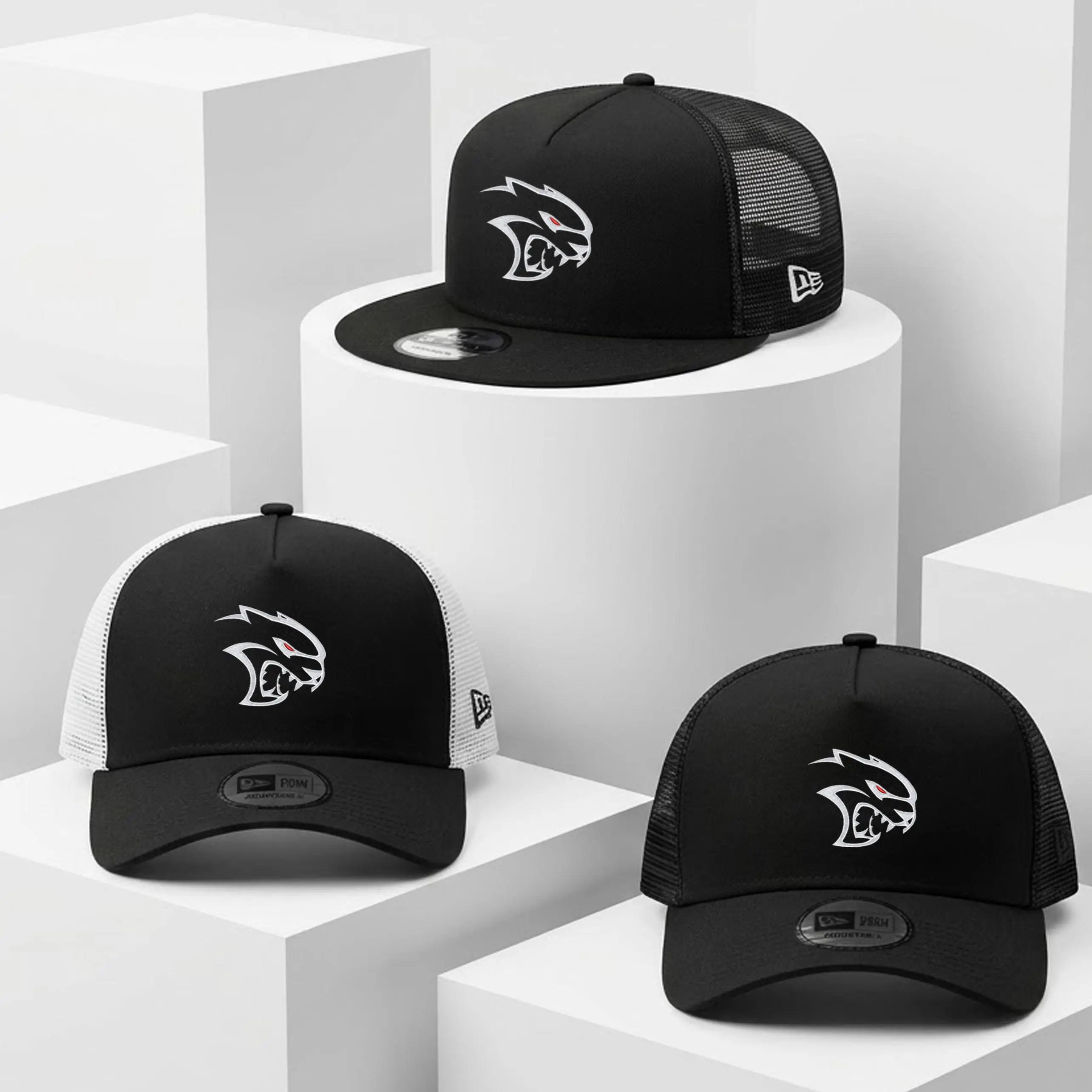 Hellcat Embroidered Embroidered Mesh Trucker Hat, Muscle Car Snapback Cap, Black Automotive Headwear, Mopar Inspired Gift for Car Enthusiasts, Racing Embroidered Hat