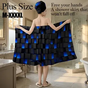 2 Pcs Blue Black Geometric Bath Wrap Towel Set with Hair Wrap, Plus Size M-XXXXL, Non-Slip Quick Dry Absorbent Shower Skirt, Versatile for Spa, Beach & Daily Use, Great for Holiday Gifting