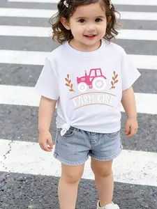 Summer Farm Girl Tractor Print Girls Short Sleeve T-Shirt, Cute Cartoon Pattern, Fitted Style, Casual Wear