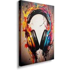 Framed Banksy Graffiti Colorful DJ Headphone Earphone Music Canvas Wall Art Funny Cool Gaming Headset Decor Poster For Living Room Bedroom Home Office Artwork Gift Ready To Hang (12x16 Inches) Decoration Paintings Ornaments Artistic Photo Print