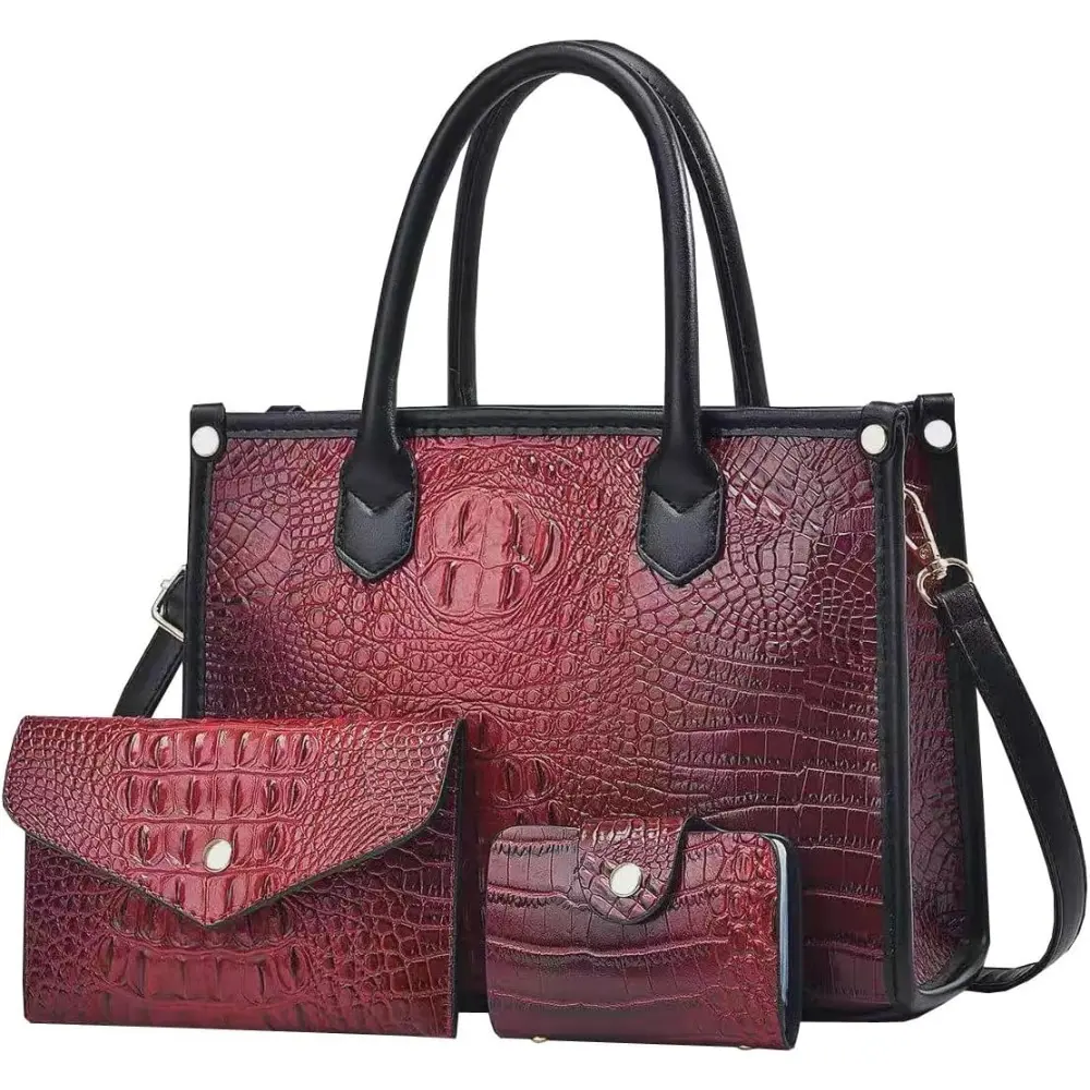 FAIME Top-handle Tote Handbag for Women, Crocodile Pattern Crossbody Bag PU Leather Satchel Purses Medium Shoulder Bags 3 Pcs | Waterproof, Tote Bag with Zipper