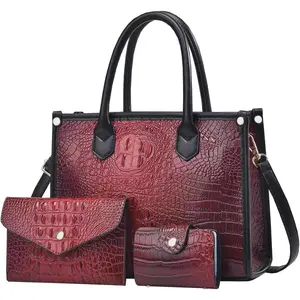 FAIME Top-handle Tote Handbag for Women, Crocodile Pattern Crossbody Bag PU Leather Satchel Purses Medium Shoulder Bags 3 Pcs | Waterproof, Tote Bag with Zipper