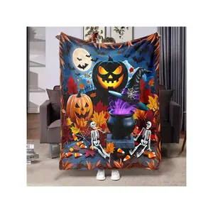 Enchanted Halloween Glowing Pumpkin & Skeleton Witch Cauldron Cozy Throw Blanket