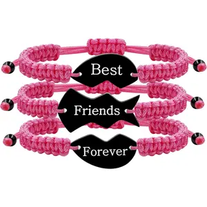 Uloveido 3PCS Personalized Best Friends Bracelets Set | Custom Name Engraved Stainless Steel Heart Puzzle Charm, Handwoven Adjustable Friendship Bracelets, BFF Jewelry Gift for 3 Best Friends
