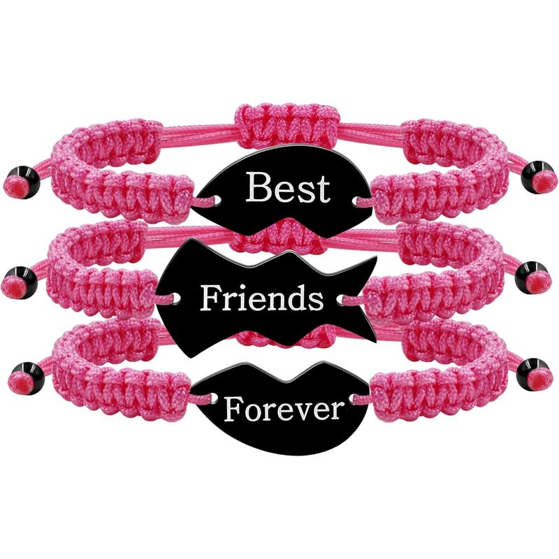 3pcs Personalized Friendship Bracelets Set | Stainless Steel Heart Puzzle Charm Handwoven Adjustable Drawstring Bracelets | Laser Engraved Best Friends Forever Jewelry Gift