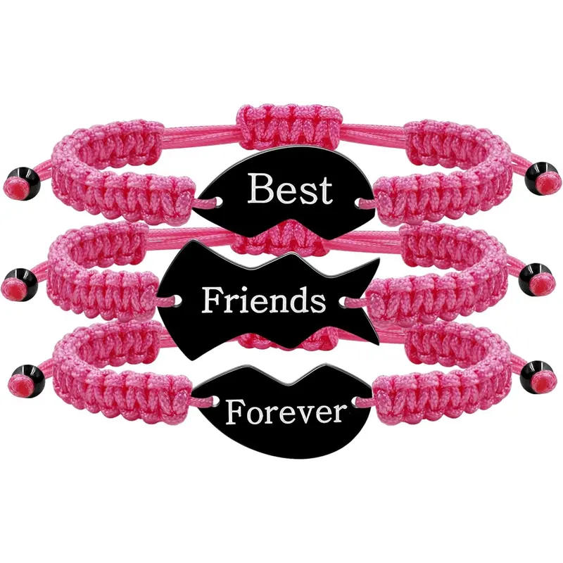 3pcs Personalized Friendship Bracelets Set | Stainless Steel Heart Puzzle Charm Handwoven Adjustable Drawstring Bracelets | Laser Engraved Best Friends Forever Jewelry Gift