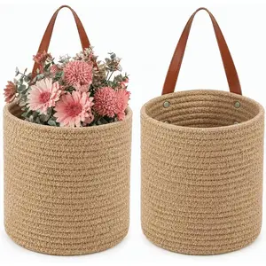 Set of 2 Jute  Basket 7.8" x 6.7", Small Wall  Planter Baskets,  Jute Woven Storage Basket for Flower  Towels Sunglasses Wallet , Boho Decor