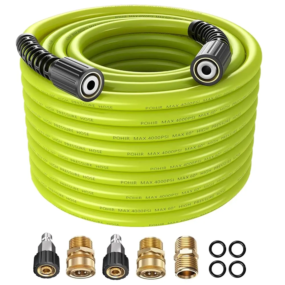 Summervibes POHIR Pressure Washer Hose 50FT*1/4 with Quick Connect, 4000 PSI MAX Power Washer Hose M22 14/15mm Thread Compatible, Flexible Extension Hose for Heavy Duty Cleaning Jobs Multifunctional