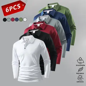 Pack of 6 Men's Long-Sleeve Polo Shirts Solid Colors Mix and Match Versatility for Any Style Travel Business Golf Sport Casual Long Sleeve mens shirts Breathable Lightweight Softness Menswear Overall mens shirts Pullover mens shirts Stylish Tops