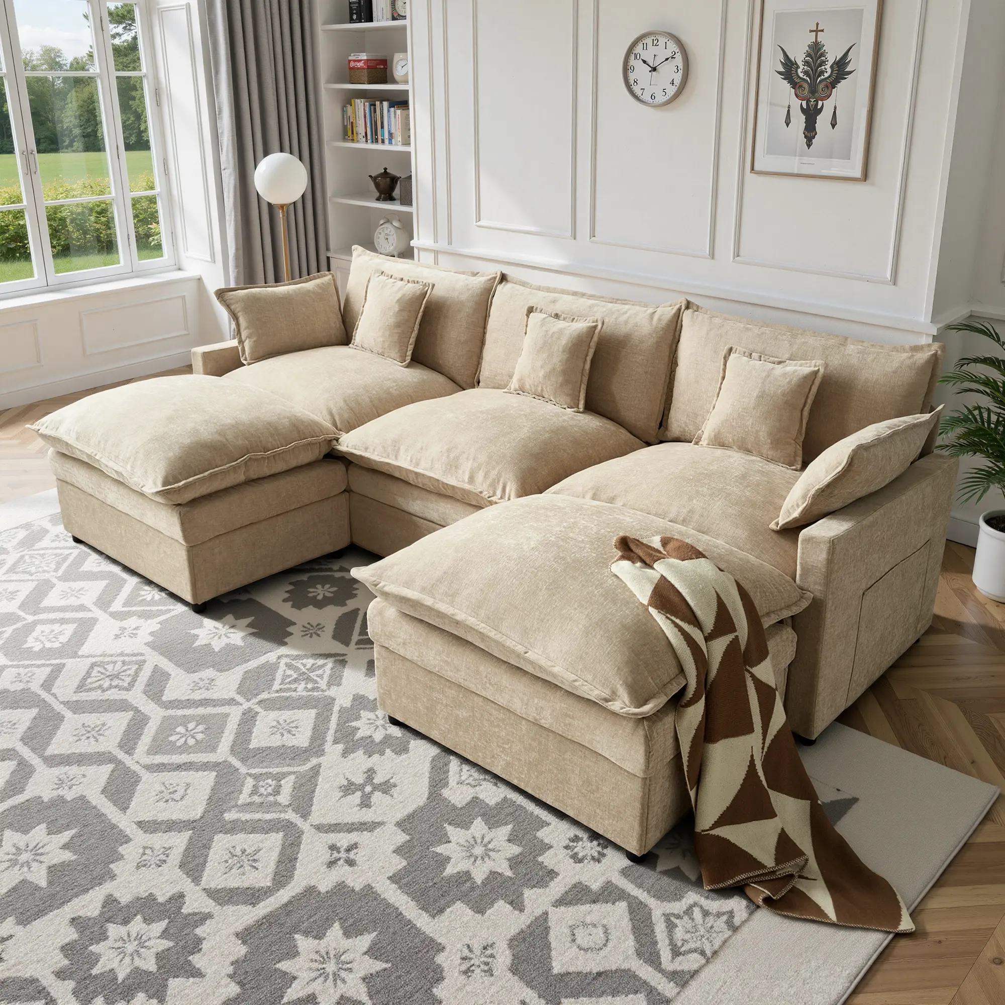 ALTRIGUS Modular Sectional Sofa 108" U-Shaped Modern Comfy Cloud Couch, 3-Seat Chenille Deep Seat Sofa with Throw Pillow & Movable Ottoman for Living Room, Bedroom and Apartment