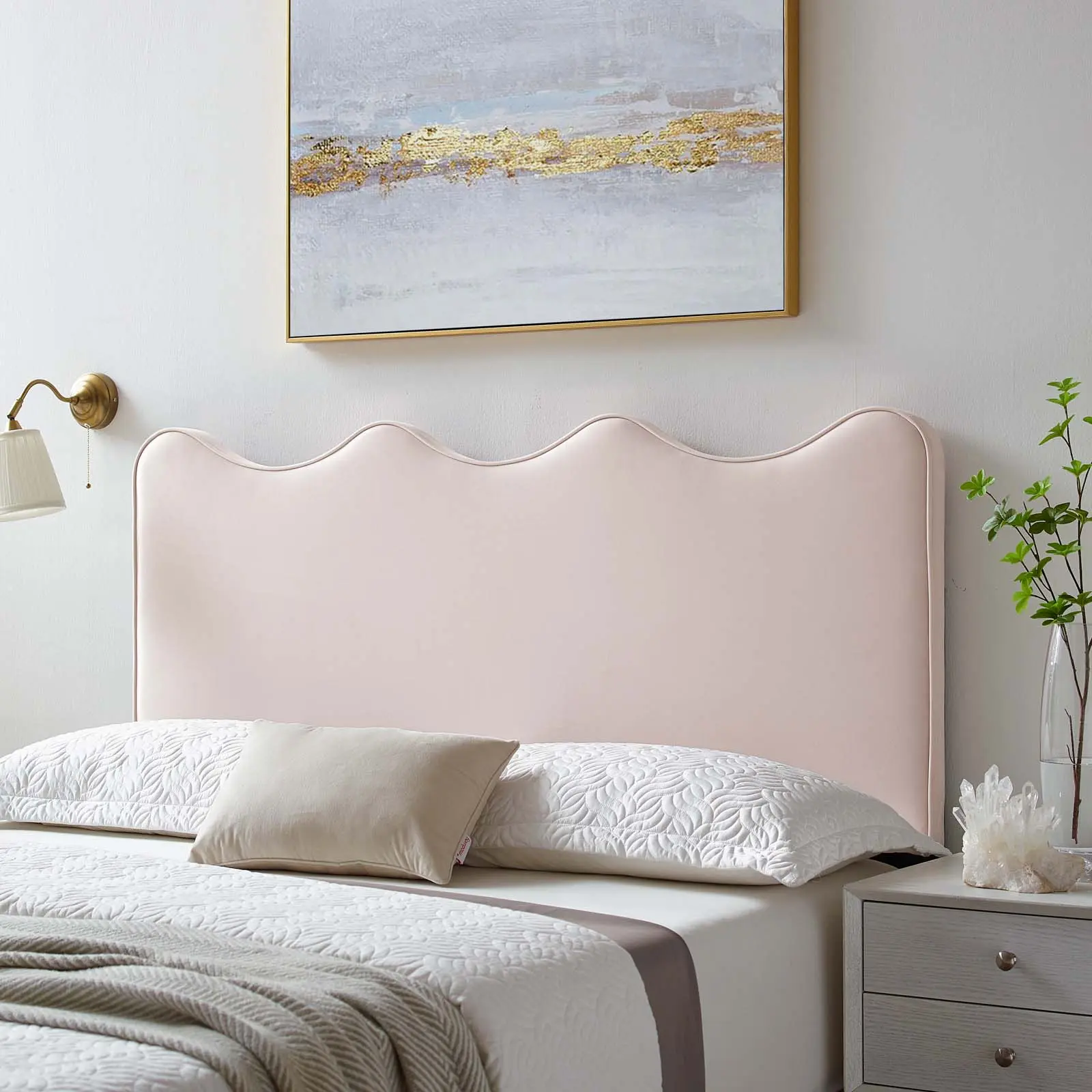 Modway Athena Scalloped Stain-Resistant Performance Velvet Twin Headboard - Wave Silhouette, Pink, Modern Bedroom & Kid's Bedroom Headboards, Assembly Required