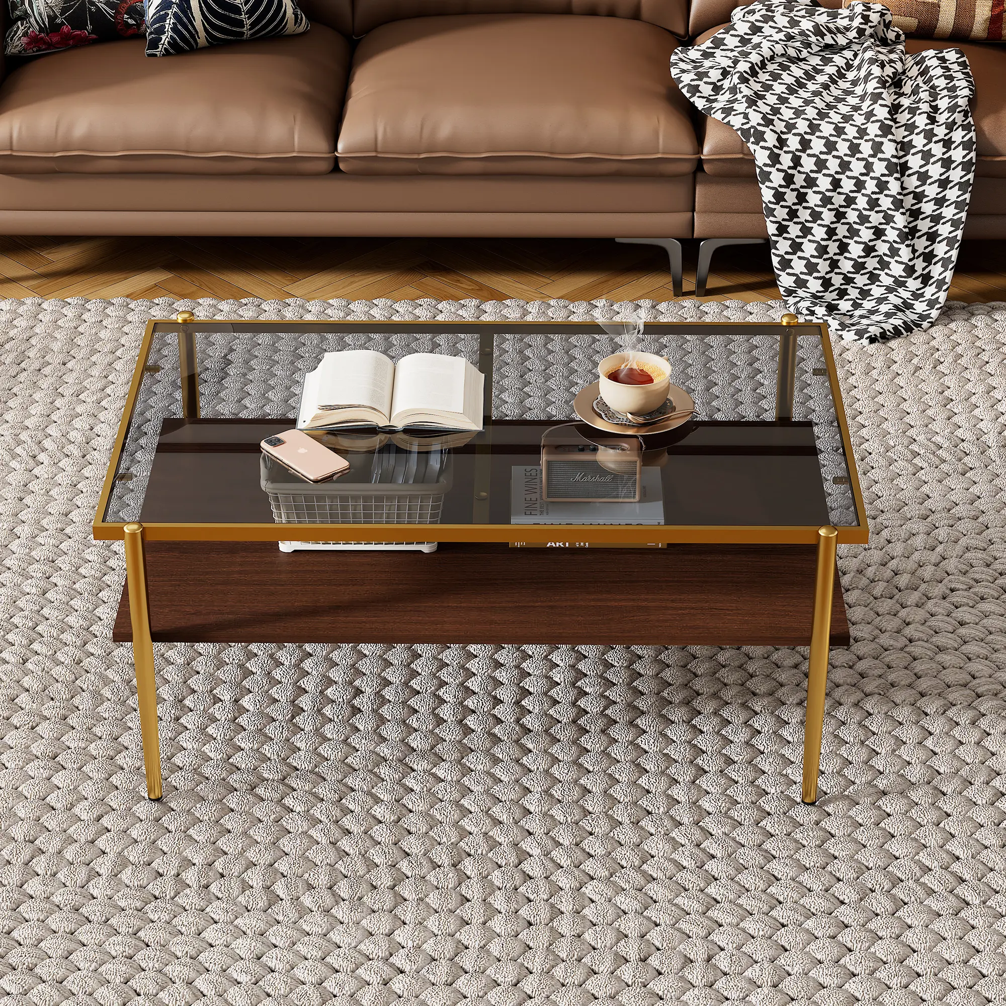 Modern Rectangle Coffee Table - Gray Tempered Glass Top - Golden Legs - Indoor Living Room Furniture