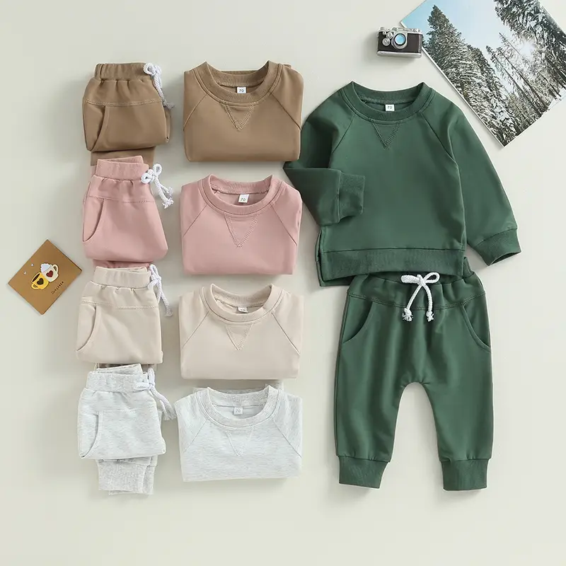 Toddler Boys Fall Outfits Solid Color Crew Neck Long Sleeve Sweatshirts and Long Pants 2Pcs Clothes Set