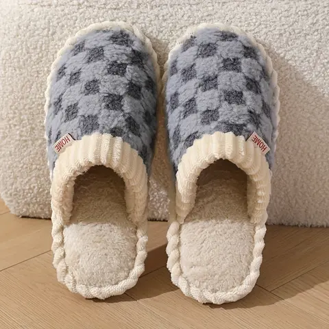 Women's Fluffy Checkered Plush Slide Slippers - Cozy Soft, Cushioned Memory Foam Sole, Warm Upper, Soft Fabric, Round Toe, Slip On, Ankle Coverage, Indoor Winter Home Footwear for Daily Comfort