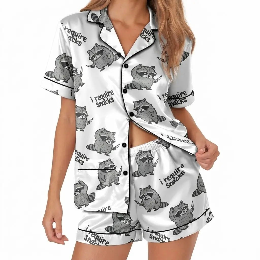 Raccoon Mixed Pajamas Sets, Soft Silky Satin Sleepwear & Loungewear, Night Party Set
