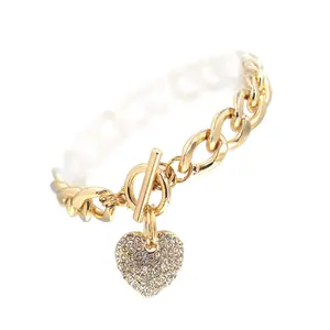 CHAIN LINK CRYSTAL PAVE HEART CHARM TOGGLE BRACELET