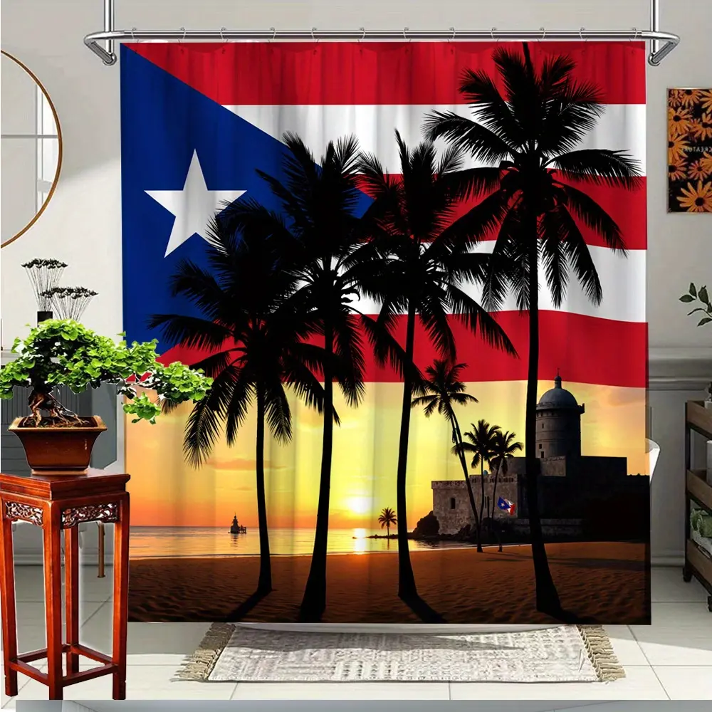 Sunset Beach Palm Tree Polyester Shower Curtain, 72x72in Bath Curtains Shower with Hooks, Bathroom Decor & Tub Divider for Dry Floor Zone, Ideal Gift for Home Supplies