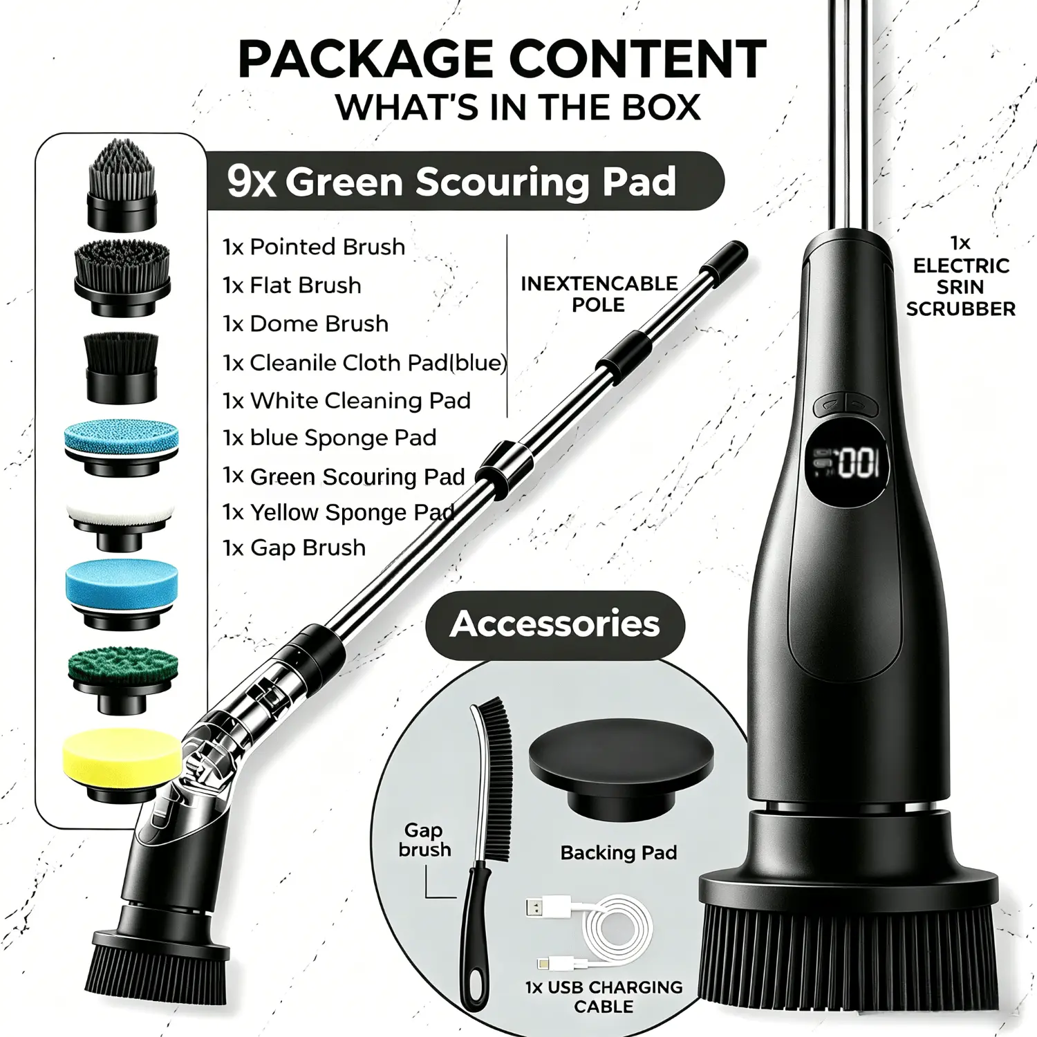 2026 Upgraded Cordless LED Display Electric Spin Scrubber - Bathroom Gadgets Brush Set, 8 Replaceable Heads, 3-Length Extendable Handle, Dual Speed, IPX7 Waterproof, Elderly-Friendly Multi-Surface Cleaner for Bathroom, Kitchen, Car (Mother’s Day Gift)
