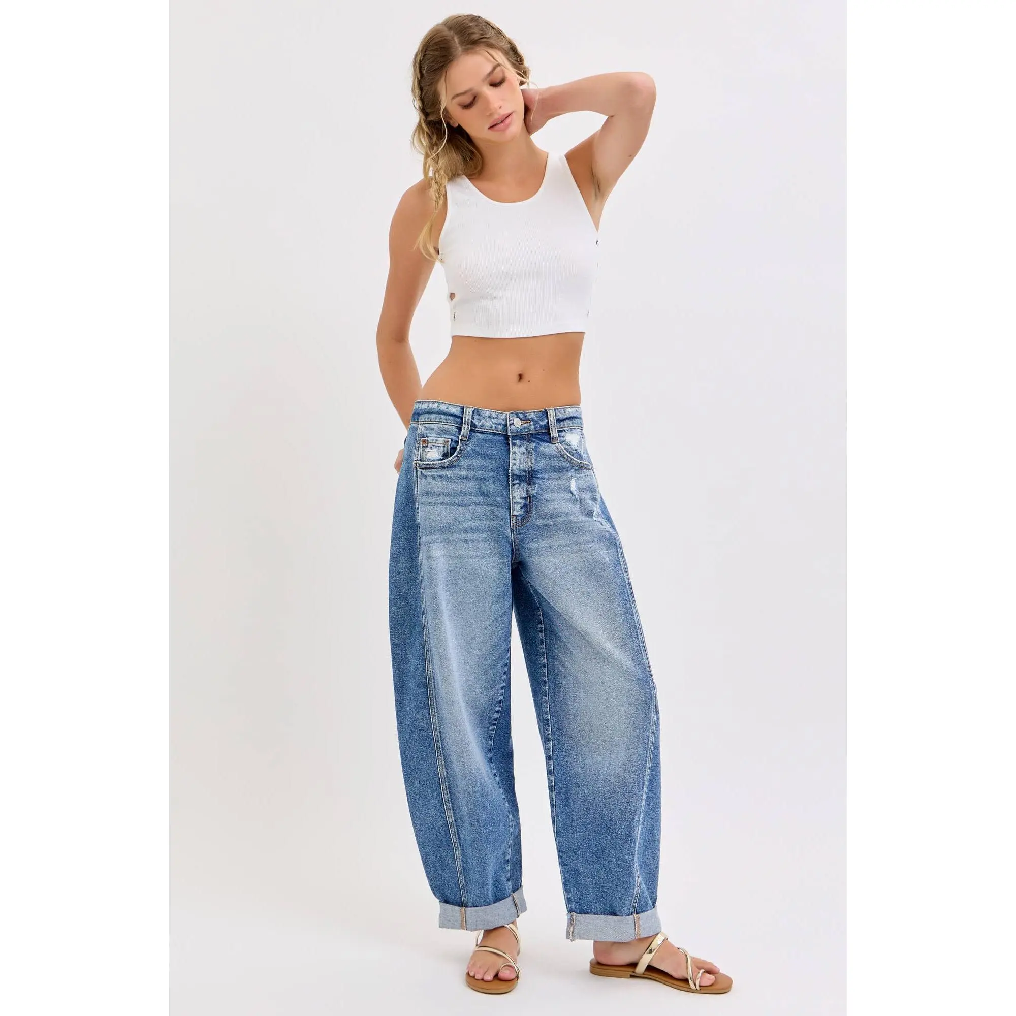 Arlo - Mid Waist Barrel Leg with Rolled Cuff